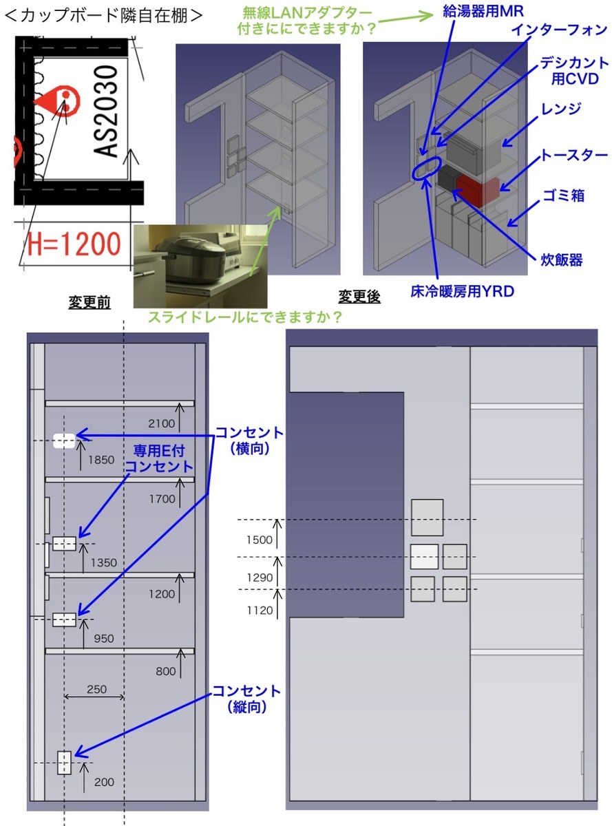 カップボード隣の自在棚の検討資料。レンジ・トースター・炊飯器・ゴミ箱を配置した3Dモデル