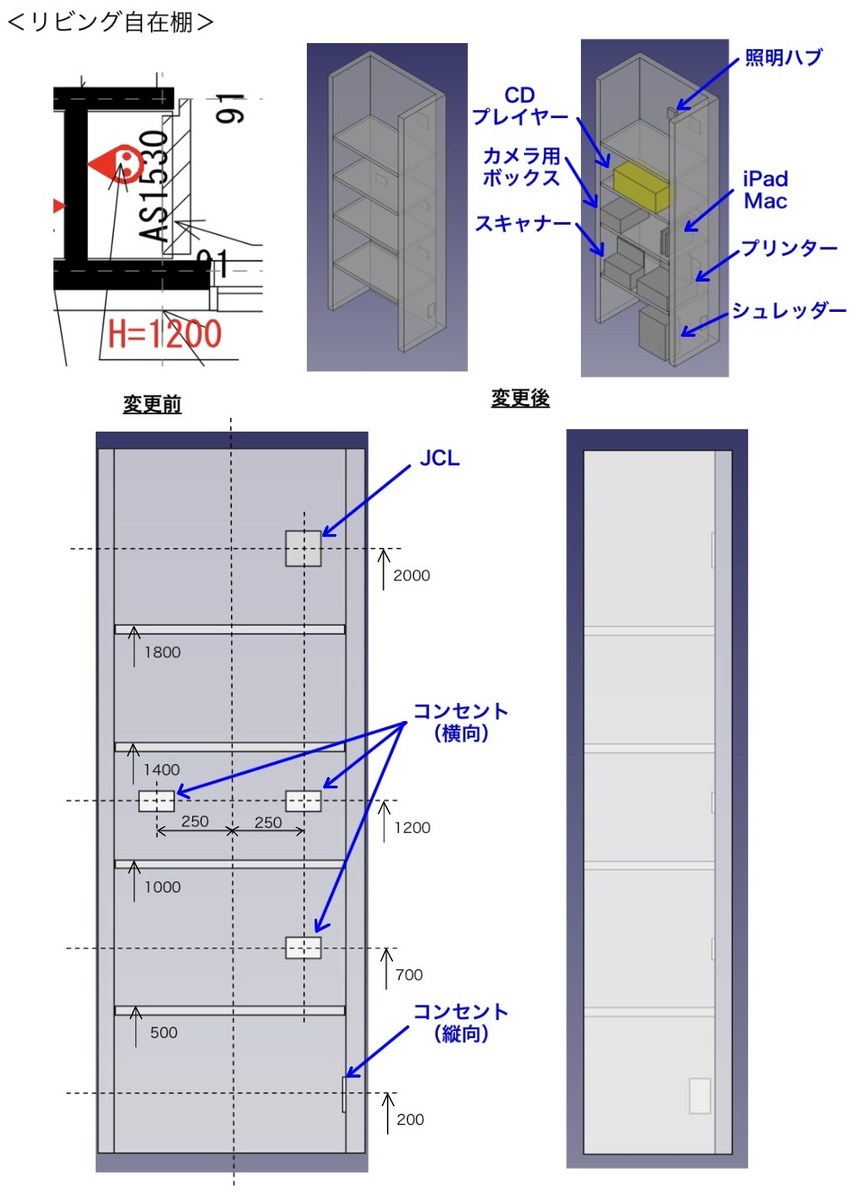 LD側自在棚の検討資料。左が変更前、右が家電を配置した3Dモデル