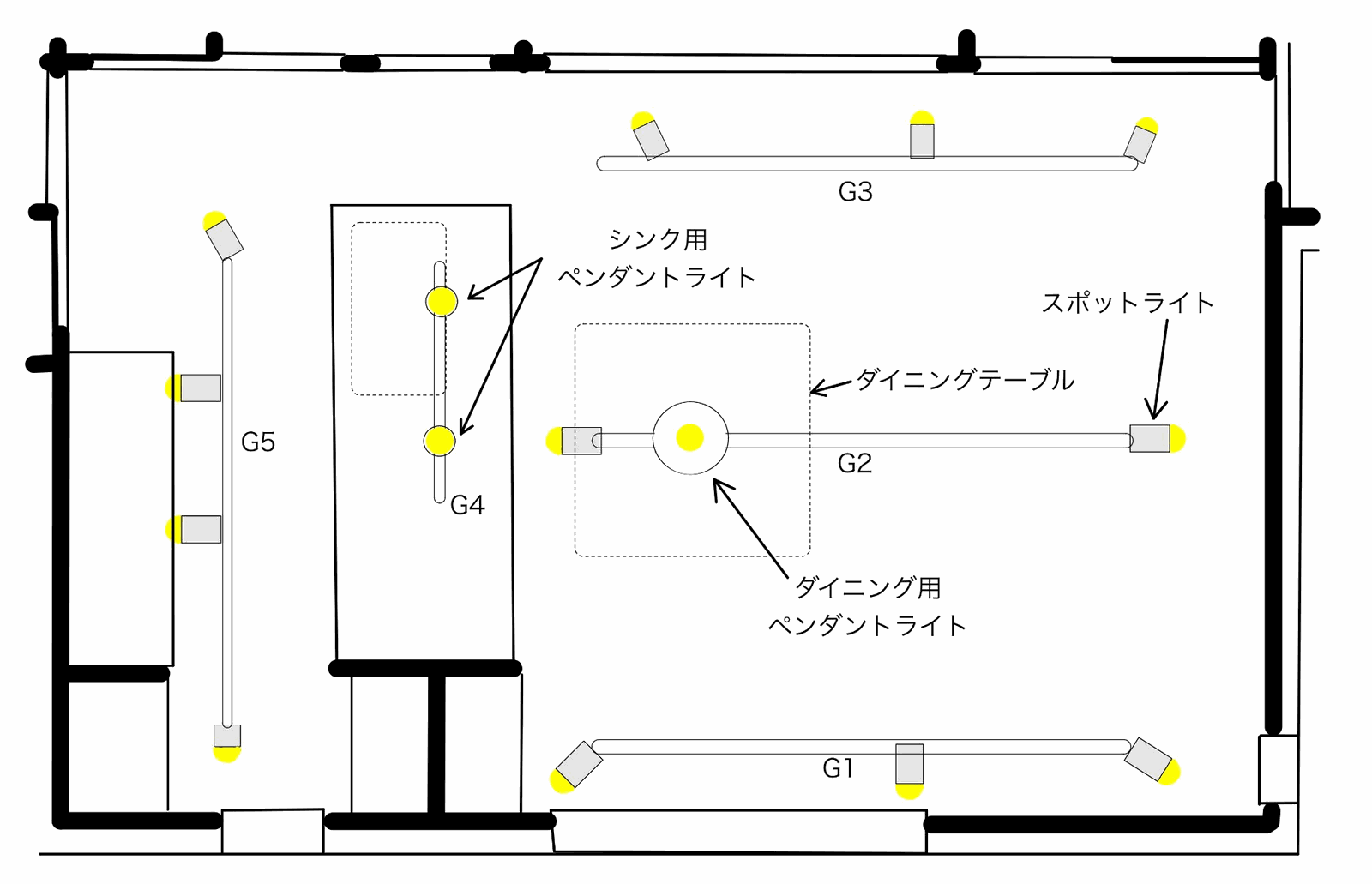 LDKのダクトレール5系統（G1〜G5）の照明レイアウト図